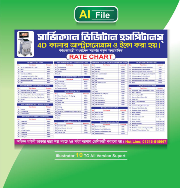 Diagnostic Center Price List/Rate Chart গ্রাফিক্স ডিজাইন ফাইল