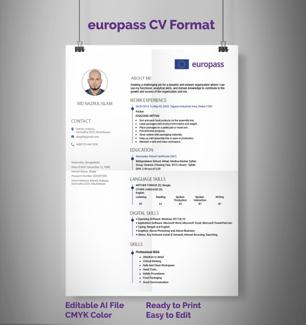 Europass CV Formats download গ্রাফিক্স ডিজাইন ফাইল