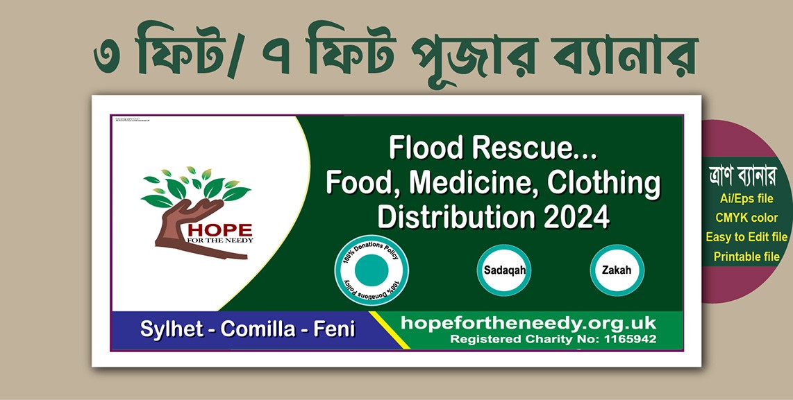 বন্যার্ত মানুষের মাঝে ত্রাণ বিতরণ ব্যানার