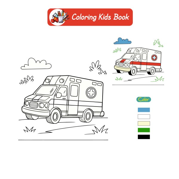 Coloring book for kids ambulance vector গ্রাফিক্স ডিজাইন ফাইল