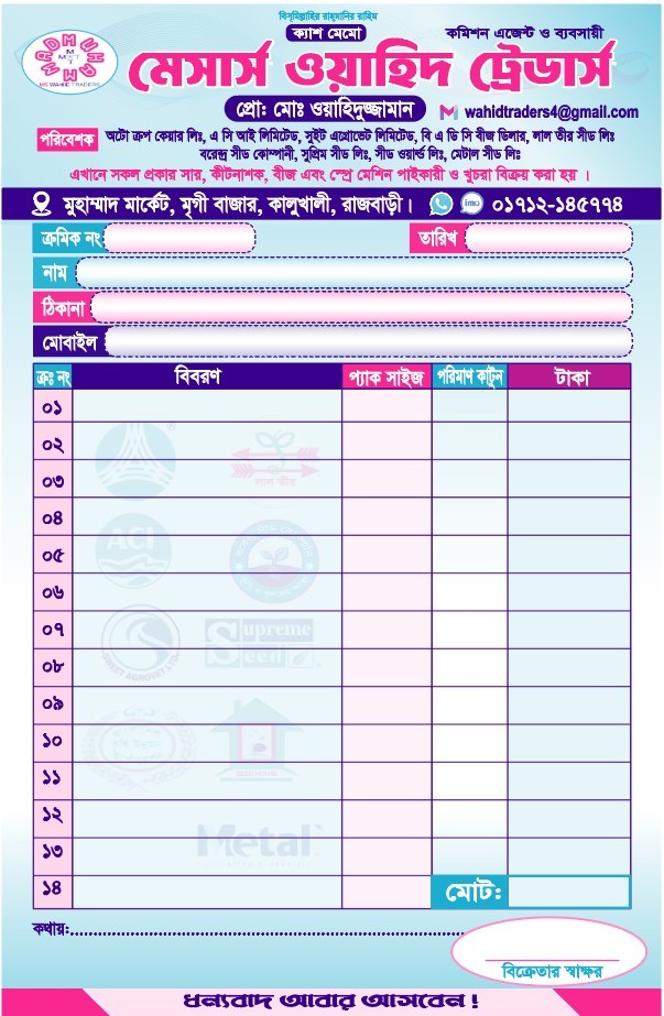 কৃষি ঔষধ দোকানের ২ কালার ক্যাশ মেমো ডিজাইন