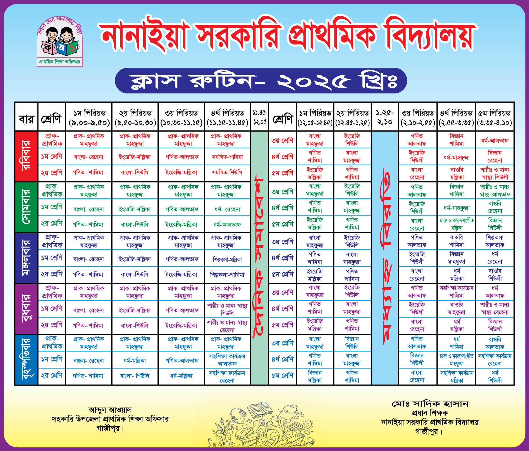 প্রাথমিক বিদ্যালয় ক্লাস রুটিন 2025   ২ শিফট