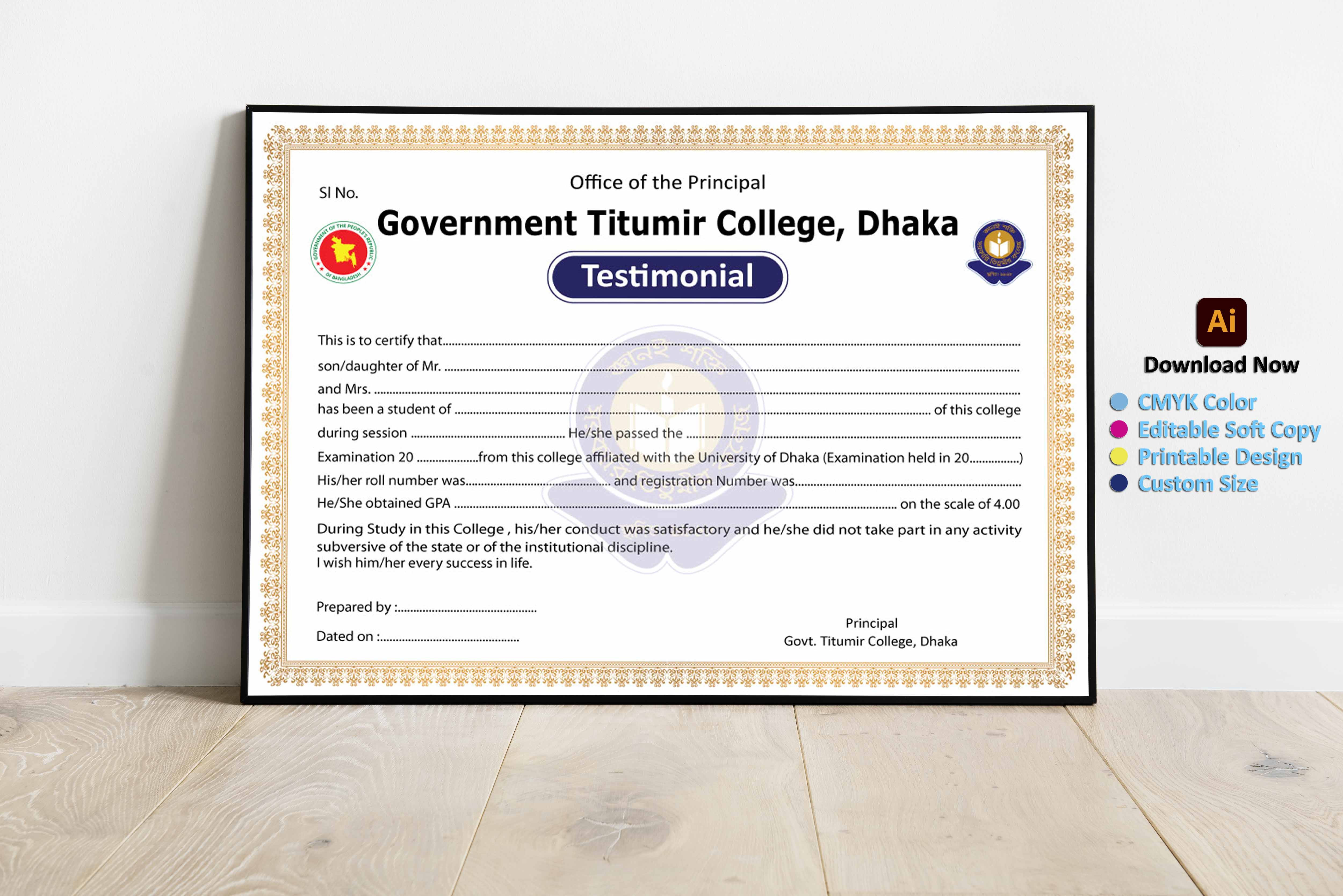 College Educational Certificate Design