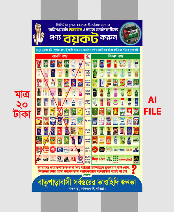 ইসরাইল সমর্থিত পণ্য বয়কট পোস্টার গ্রাফিক্স ডিজাইন ফাইল
