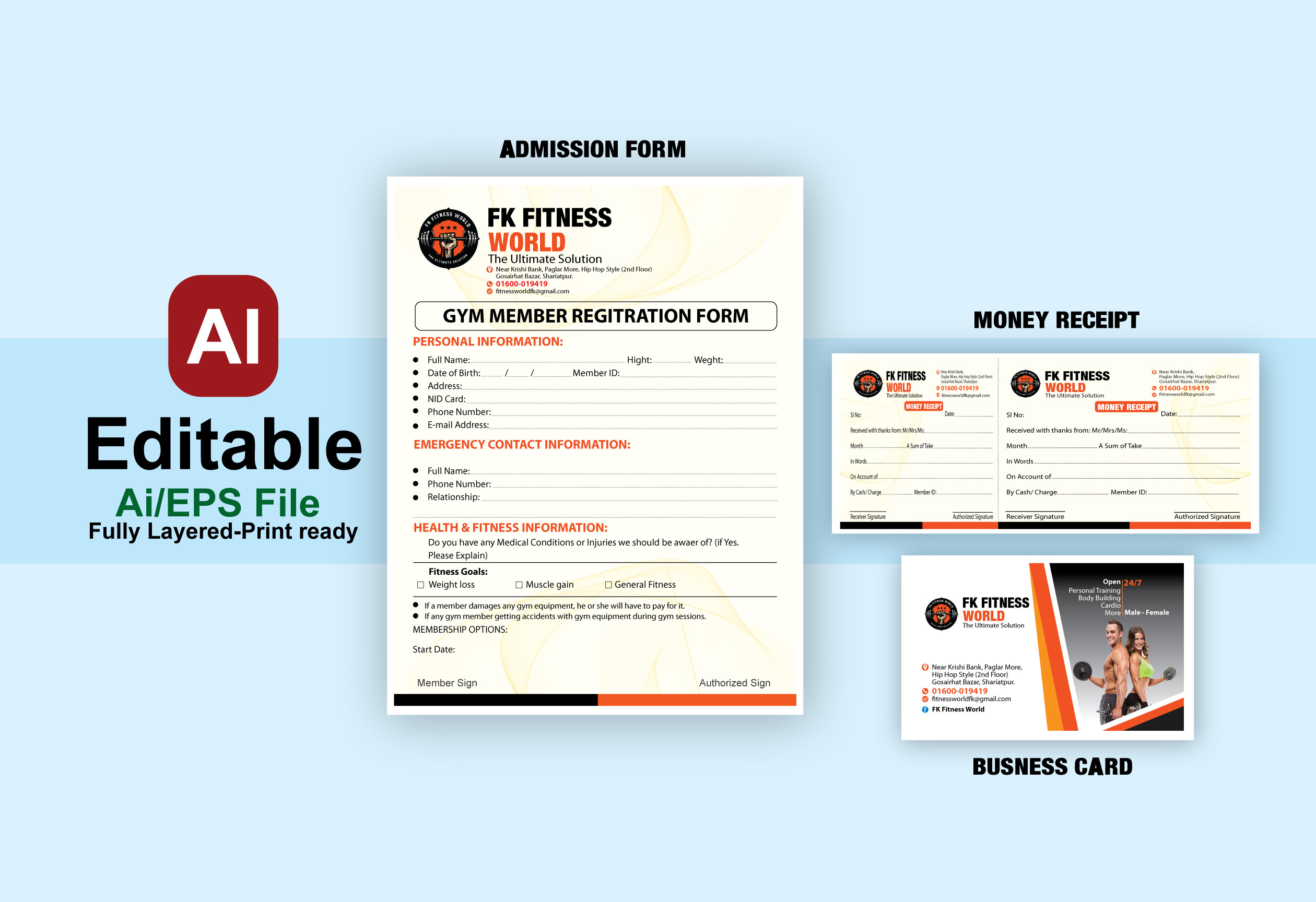 fitness admission form/receipt/business Card design