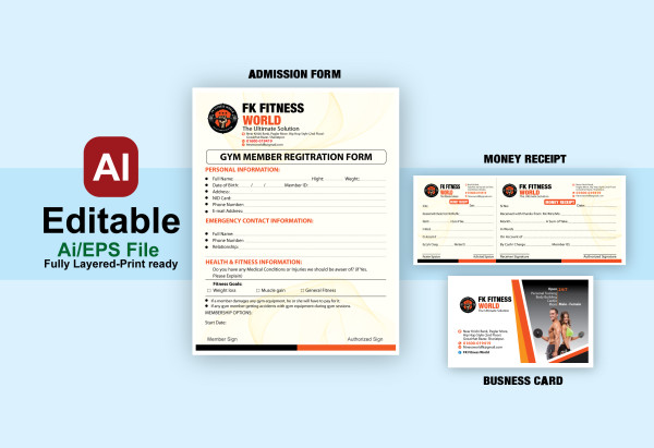 fitness admission form/receipt/business Card design গ্রাফিক্স ডিজাইন ফাইল