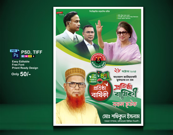 প্রতিষ্ঠা বার্ষিকী পোস্টার জাতীয়তাবাদী যুবদল গ্রাফিক্স ডিজাইন ফাইল