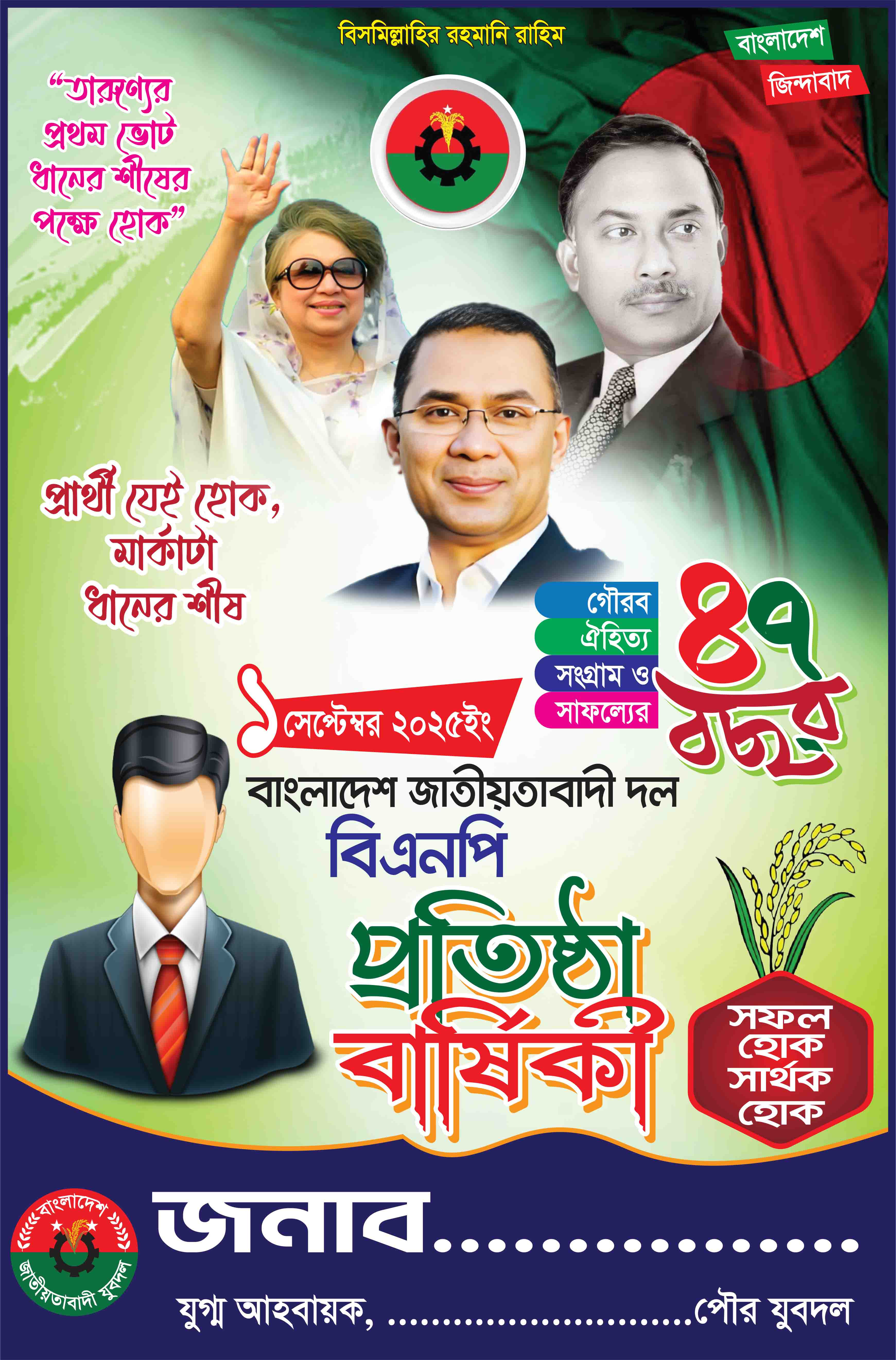 বিএনপি প্রতিষ্ঠা বার্ষিকী ব্যানার