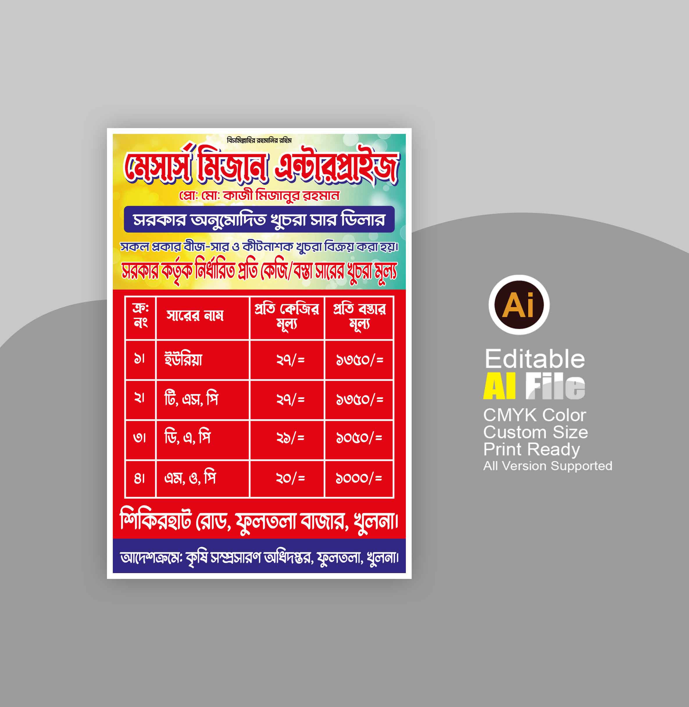 সরকার অনুমোদিত সারের রেট ব্যানার ডিজাইন
