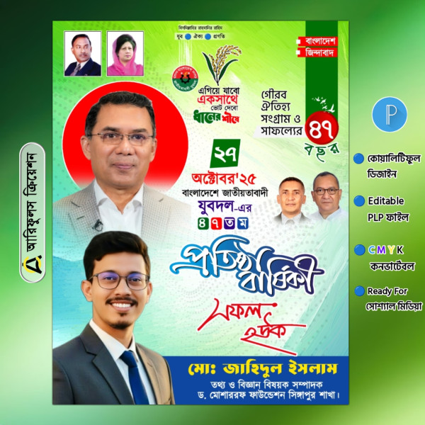 যুবদলের প্রতিষ্ঠা বার্ষিকী পোস্টার ডিজাইন Pixellab File গ্রাফিক্স ডিজাইন ফাইল