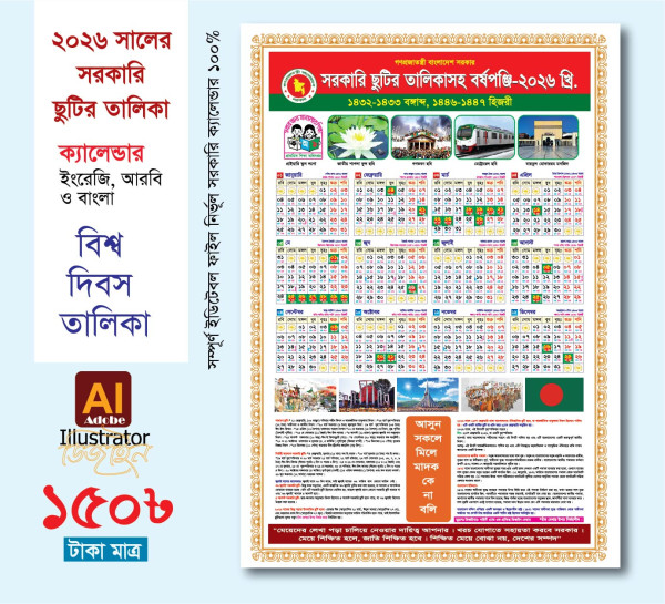 2026 সালের সরকারি ক্যালেন্ডার  বাংলা, আরবী, ইংরেজি সহ গ্রাফিক্স ডিজাইন ফাইল
