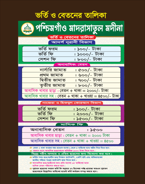 মাদরাসা ভর্তি ও বেতনের তালিকা গ্রাফিক্স ডিজাইন ফাইল