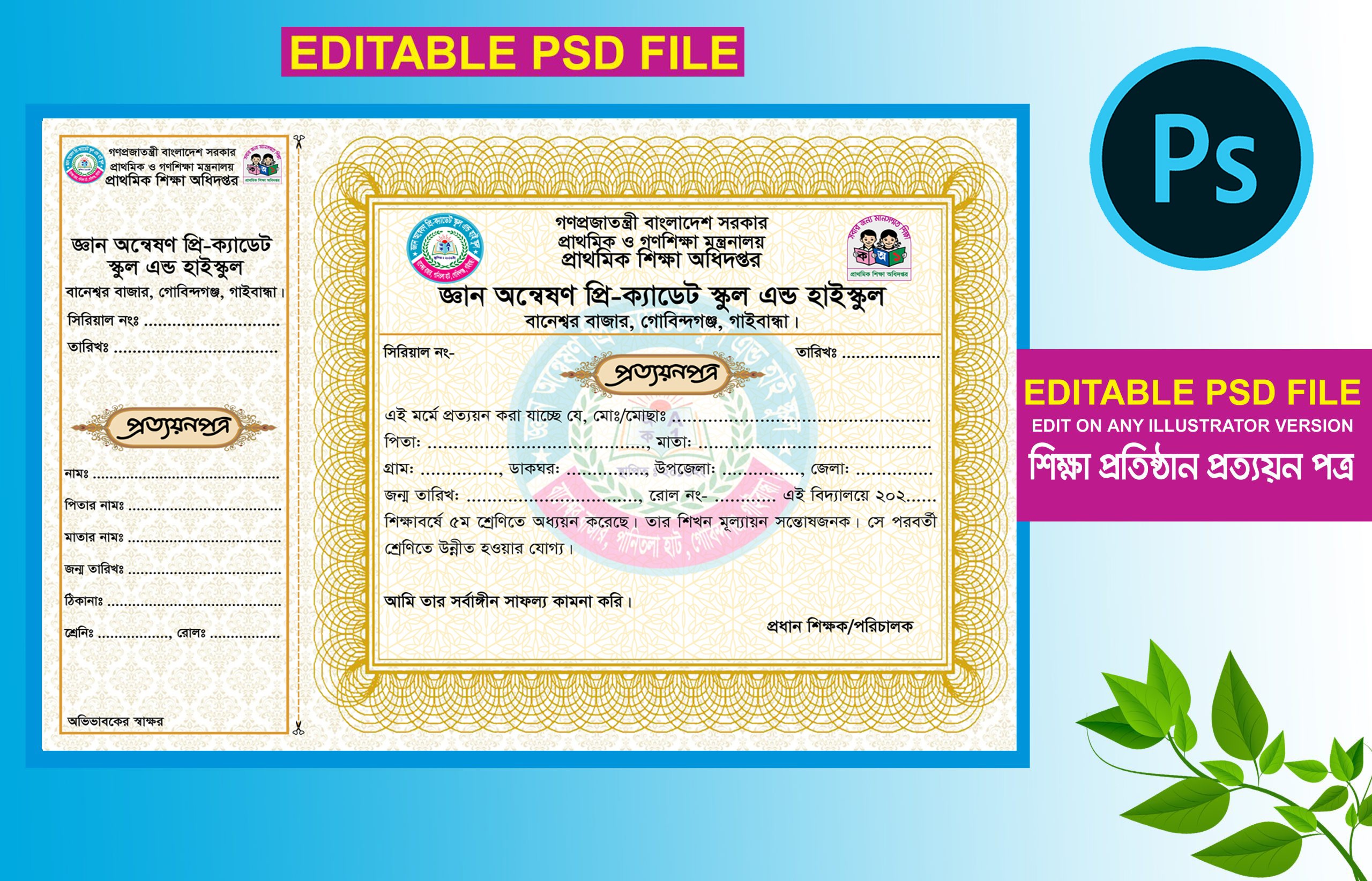 ক্যাডেট স্কুল প্রত্যয়ন পত্র ডিজাইন ফাইল। Certificate