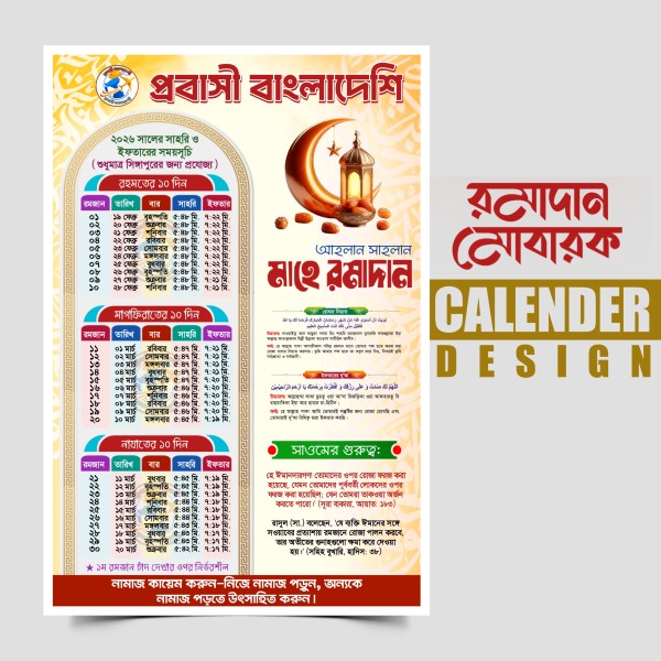 রমজানের সময়সূচি ক্যালেন্ডার ২০২৬ PLP File গ্রাফিক্স ডিজাইন ফাইল