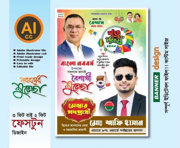 মেম্বার পদপ্রার্থী  শুভ নববর্ষ ফেস্টুন ডিজাইন গ্রাফিক্স ডিজাইন ফাইল