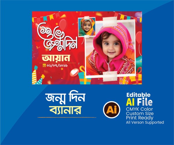 শুভ জন্মদিন ব্যানার, Happy Birthday Banner গ্রাফিক্স ডিজাইন ফাইল