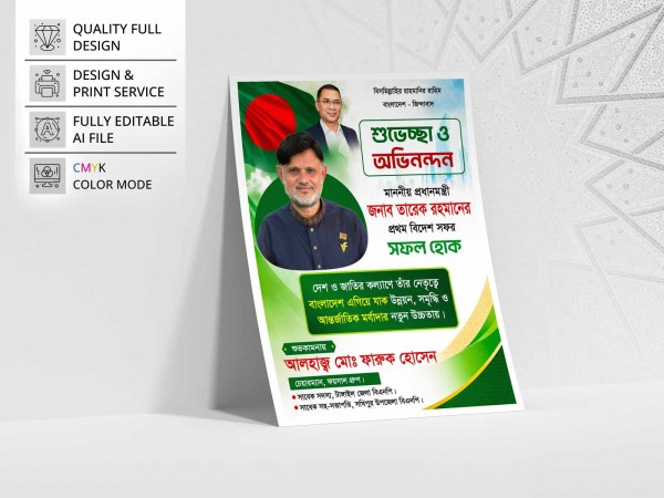 প্রধানমন্ত্রীর বিদেশ ভ্রমণ সফল হোক শুভেচ্ছা পোস্টার গ্রাফিক্স ডিজাইন ফাইল