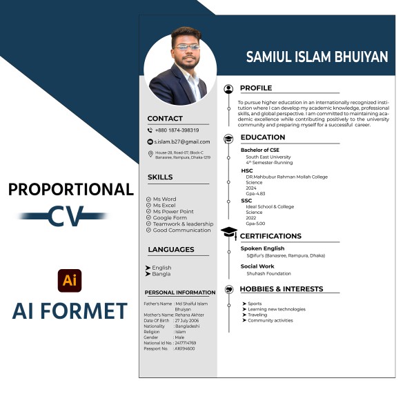 Modern Professional CV Template for Job & Visa গ্রাফিক্স ডিজাইন ফাইল