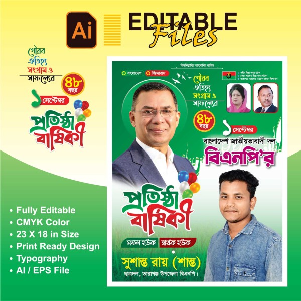 বিএনপি প্রতিষ্ঠা বার্ষিকী ব্যানার BNP গ্রাফিক্স ডিজাইন ফাইল