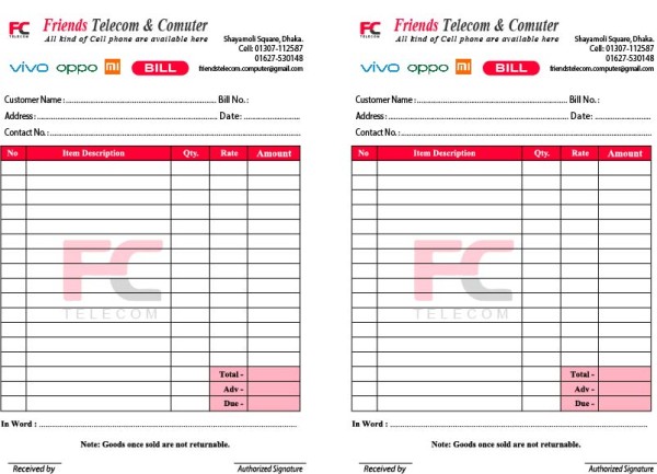 Bangla Mobile Store Bill or Cash Memo Design Template গ্রাফিক্স ডিজাইন ফাইল