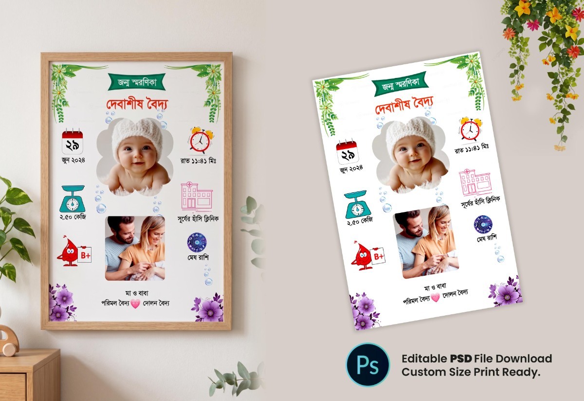 জন্ম স্মরণিকা ডিজাইন | Baby Birth Details Frame Design